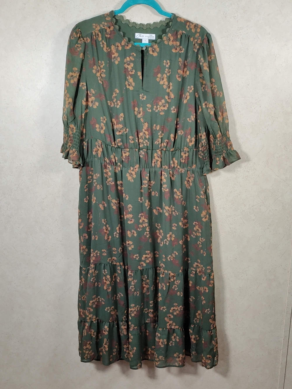 J149 The Pioneer Woman Olive Green Floral Tiered S/S Midi Dress L NEW